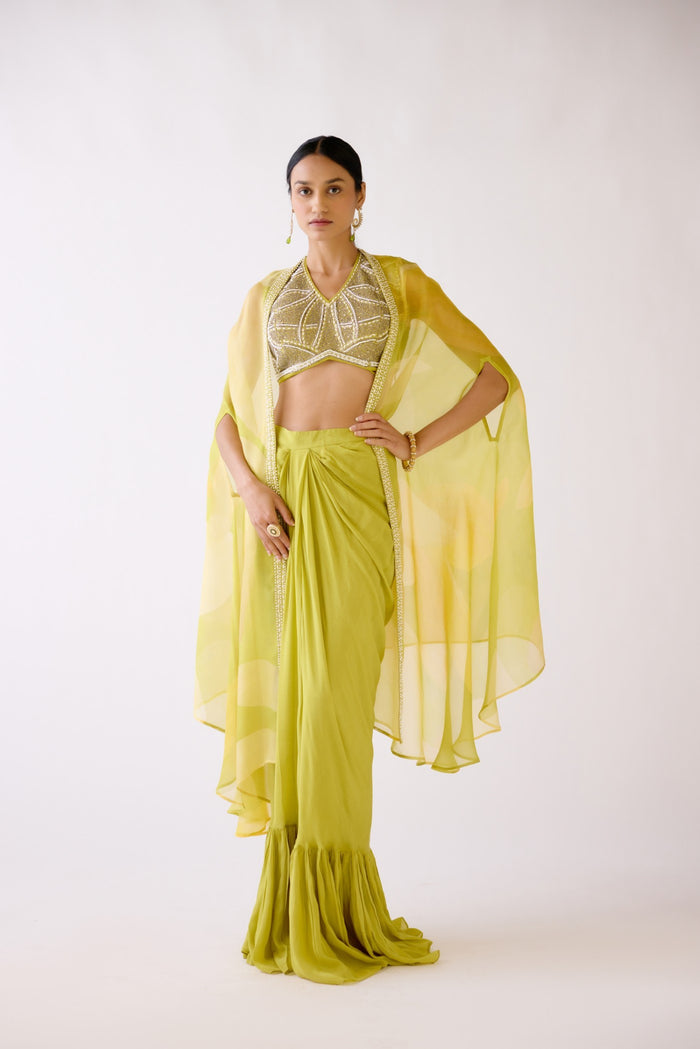 YELLOW EMBROIDERED CAPE & COWL SKIRT SET