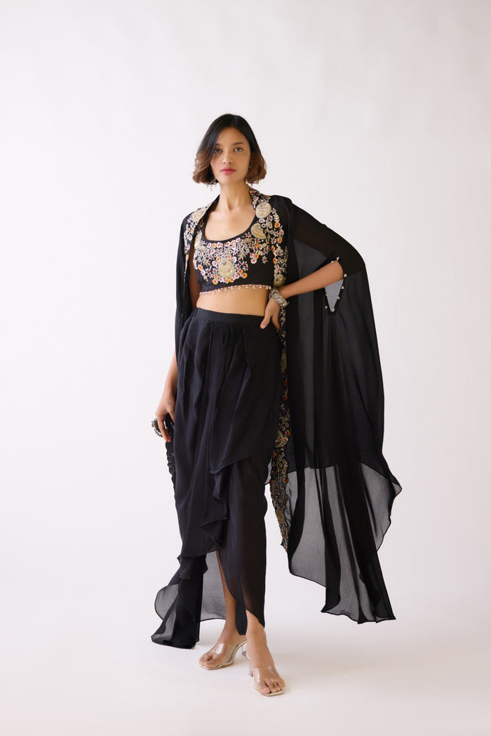 BLACK EMBROIDERED CAPE & PLEATED SKIRT SET