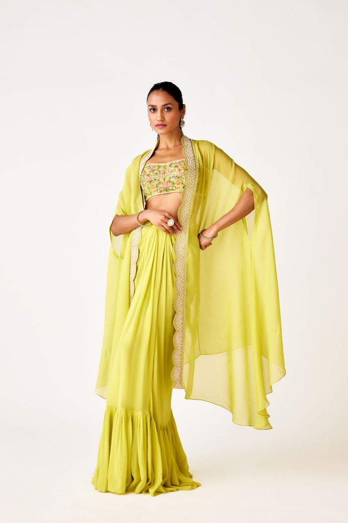PISTA EMBROIDERED CAPE & PLEATED SKIRT SET