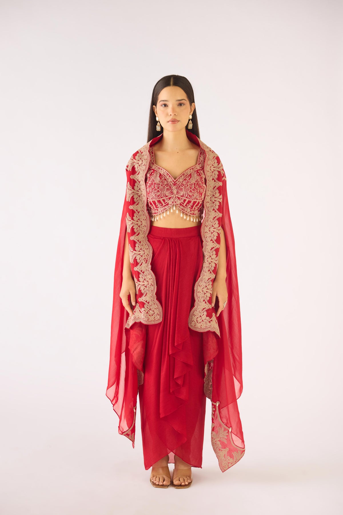RED EMBROIDERED CAPE SET