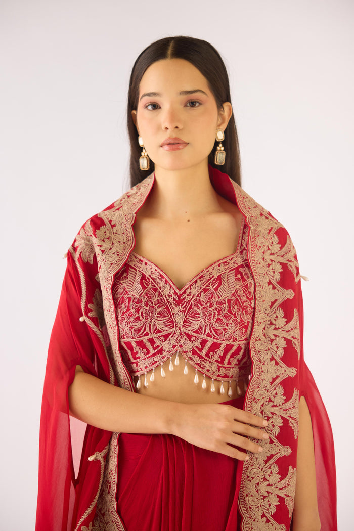 RED EMBROIDERED CAPE SET