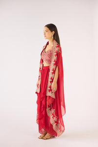 RED EMBROIDERED CAPE SET
