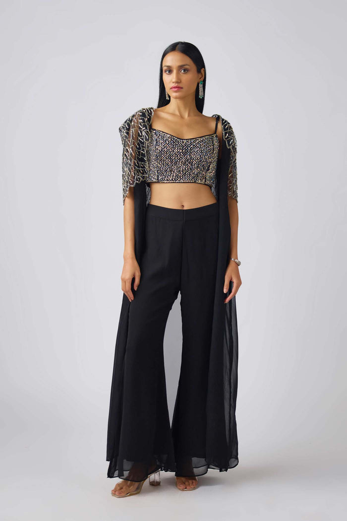 BLACK GEORGETTE EMBROIDERED CAPE SET