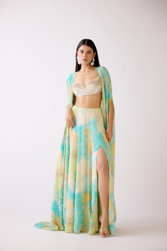 AQUA LEAF EMBROIDERED CAPE SET