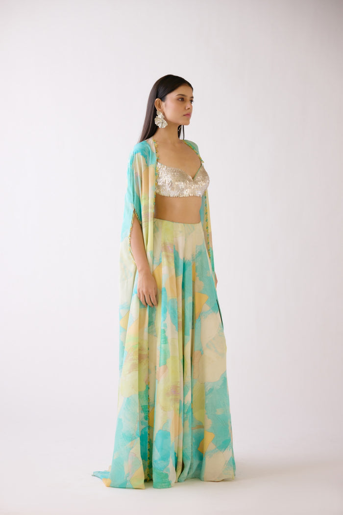 AQUA LEAF EMBROIDERED CAPE SET