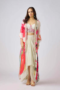 MULTICOLOR MIRROR EMBROIDERED CAPE & PLEATED SKIRT SET