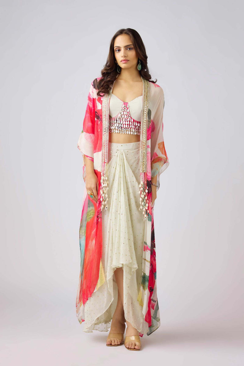 MULTICOLOR MIRROR EMBROIDERED CAPE & PLEATED SKIRT SET