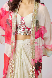 MULTICOLOR MIRROR EMBROIDERED CAPE & PLEATED SKIRT SET