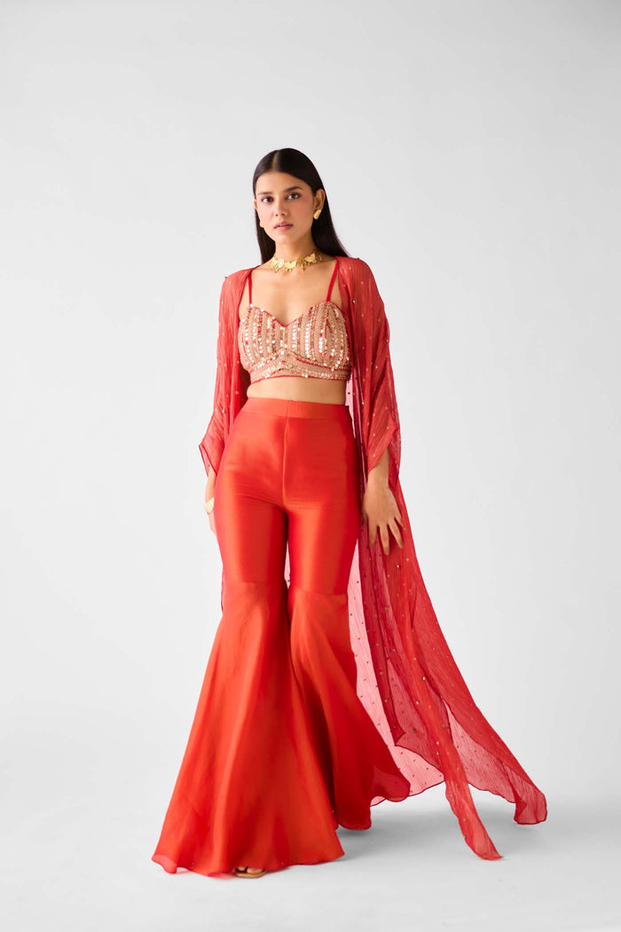 RED EMBROIDERED TISSUE CAPE SET