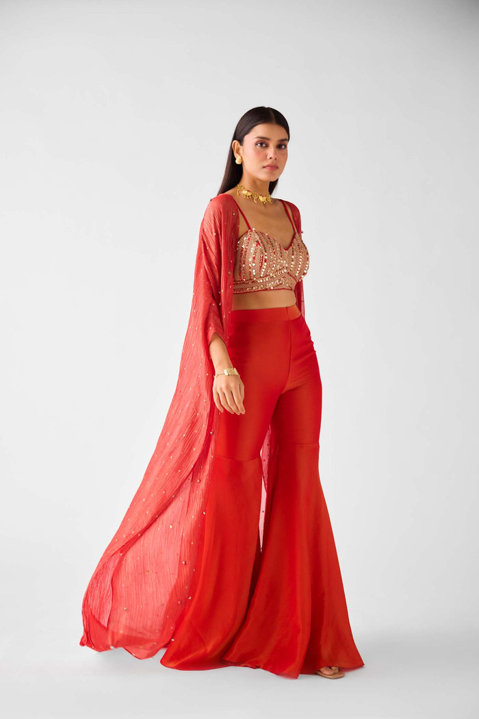 RED EMBROIDERED TISSUE CAPE SET