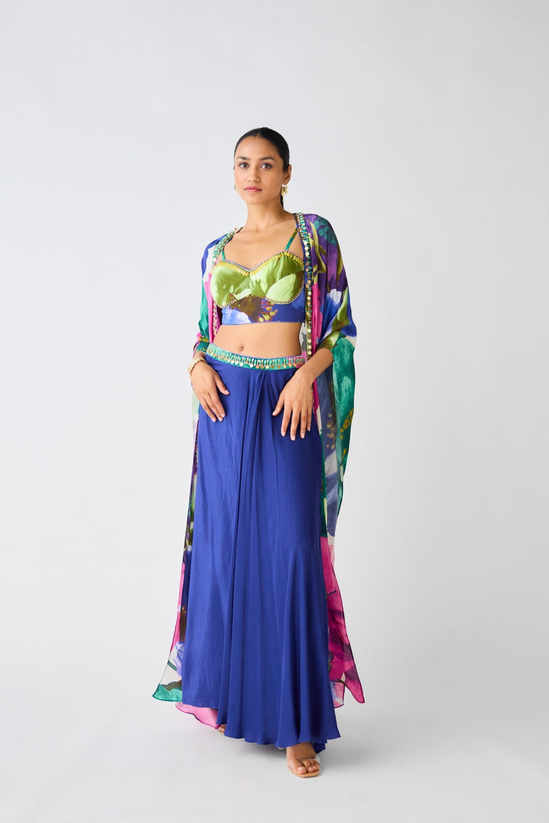BLUE FLORAL CREPE EMBELLISHED CAPE SET