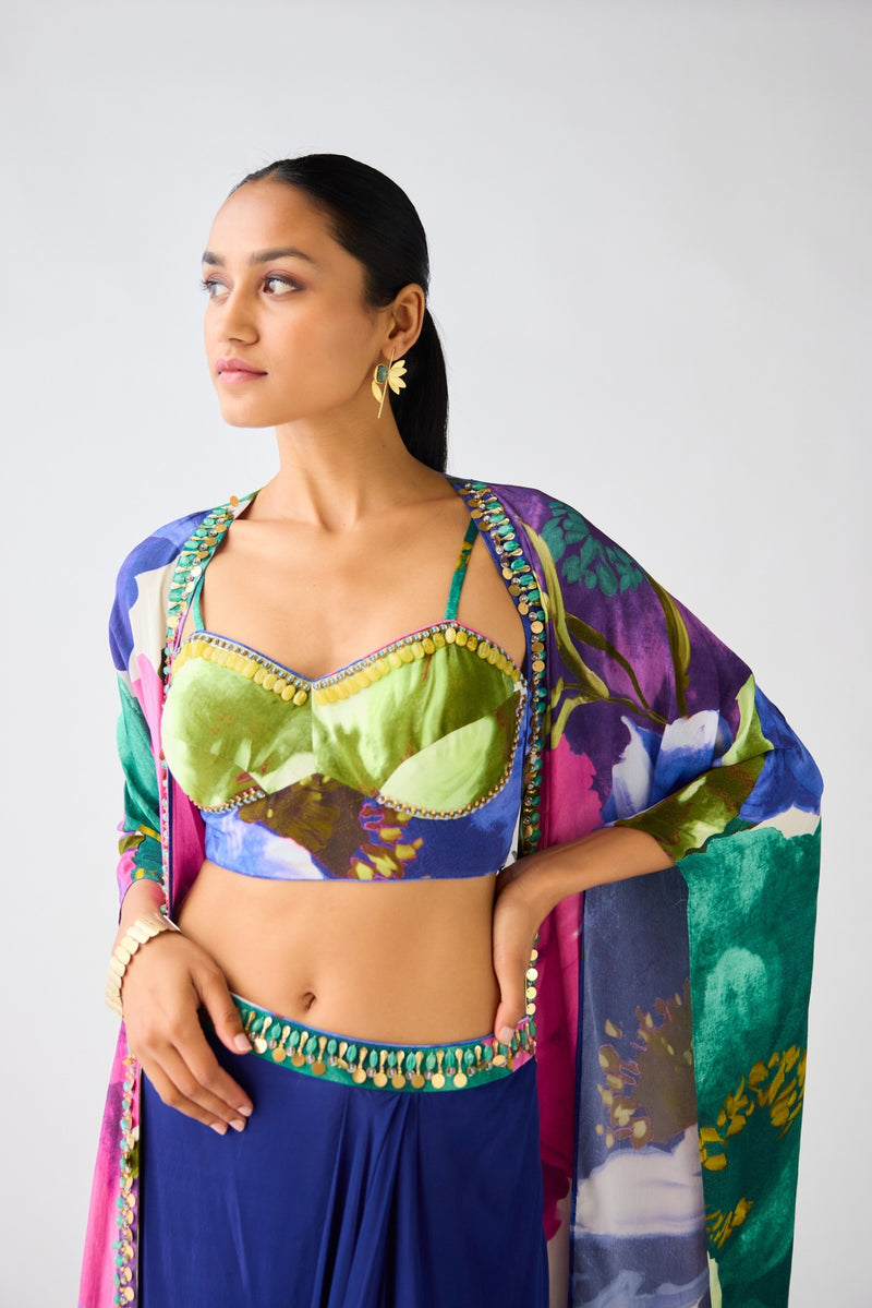 BLUE FLORAL CREPE EMBELLISHED CAPE SET