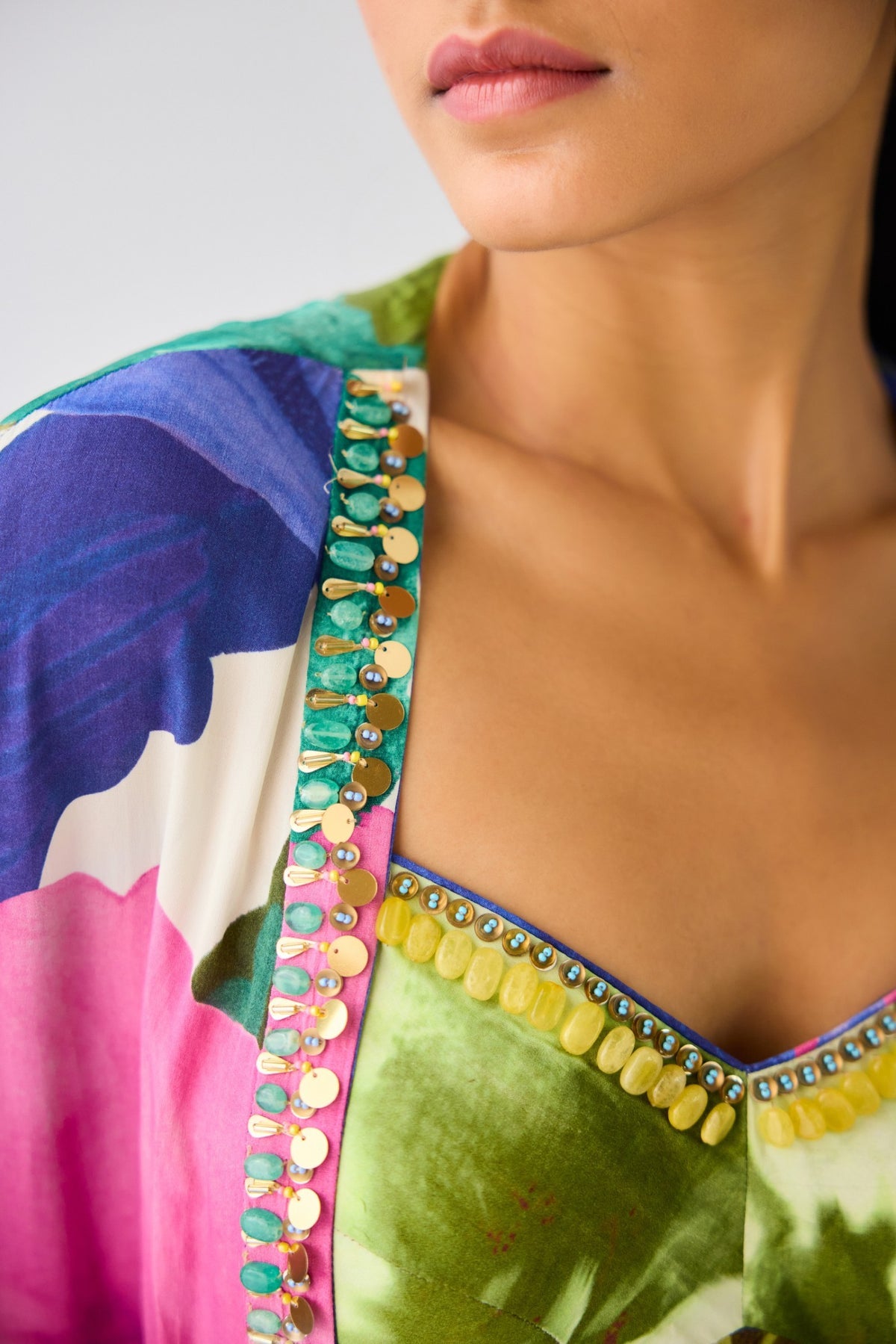 BLUE FLORAL CREPE EMBELLISHED CAPE SET