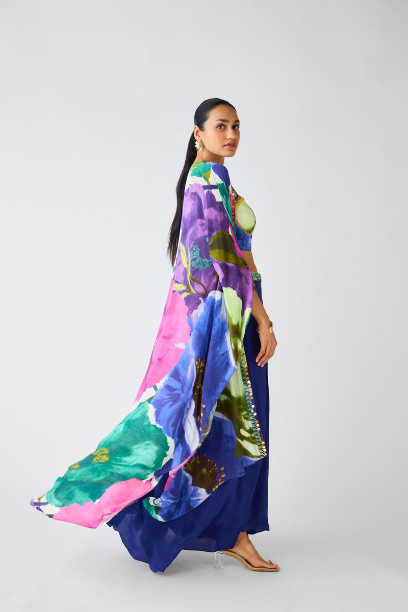 BLUE FLORAL CREPE EMBELLISHED CAPE SET