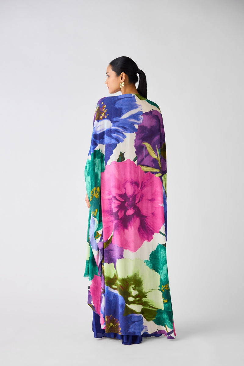 BLUE FLORAL CREPE EMBELLISHED CAPE SET