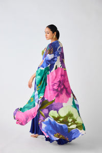 BLUE FLORAL CREPE EMBELLISHED CAPE SET