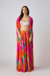 MULTICOLOR SEQUINS LEAF EMBROIDERED CAPE SET