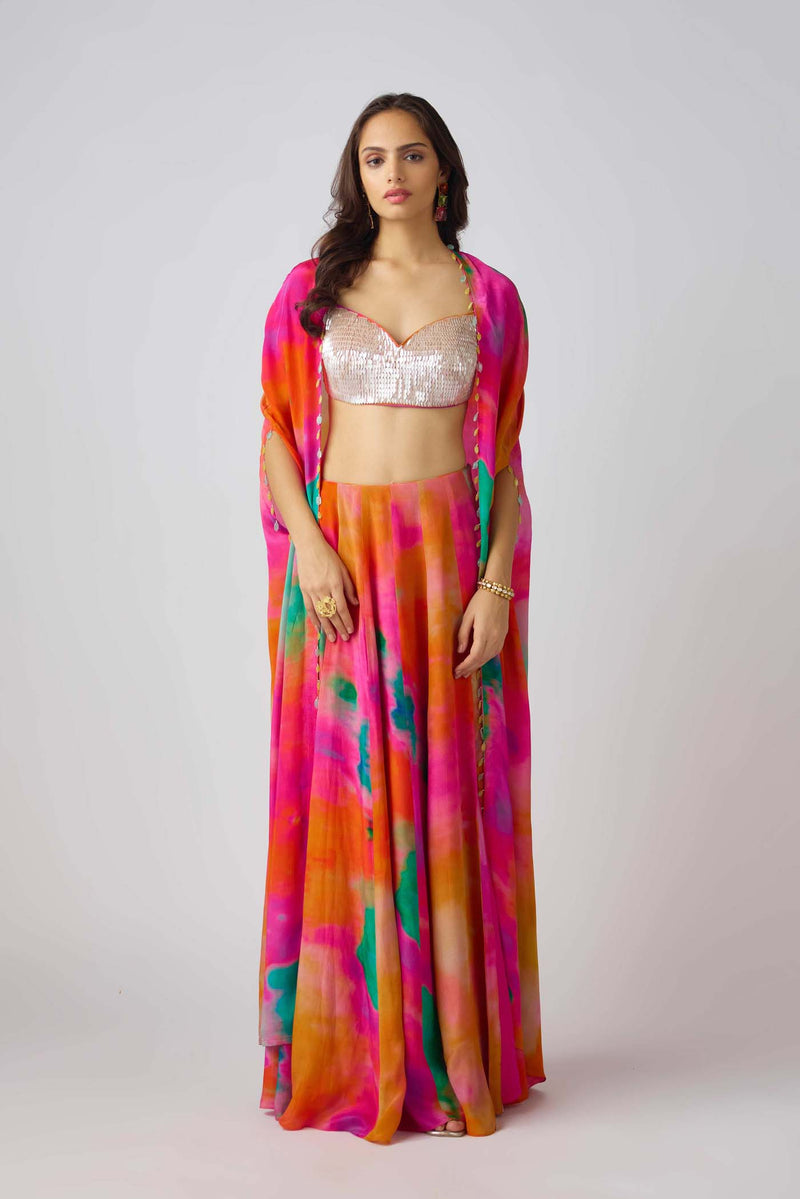 MULTICOLOR SEQUINS LEAF EMBROIDERED CAPE SET