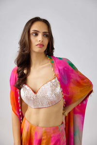 MULTICOLOR SEQUINS LEAF EMBROIDERED CAPE SET