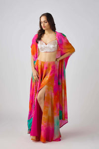 MULTICOLOR SEQUINS LEAF EMBROIDERED CAPE SET