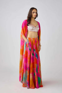 MULTICOLOR SEQUINS LEAF EMBROIDERED CAPE SET