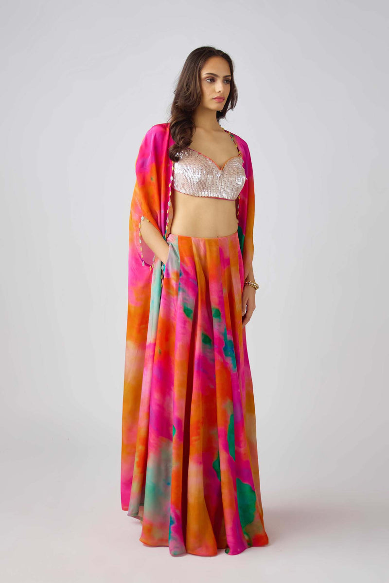 MULTICOLOR SEQUINS LEAF EMBROIDERED CAPE SET