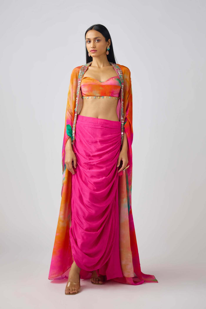 Multicolor Crepe Mirror Embroidered Cape Set