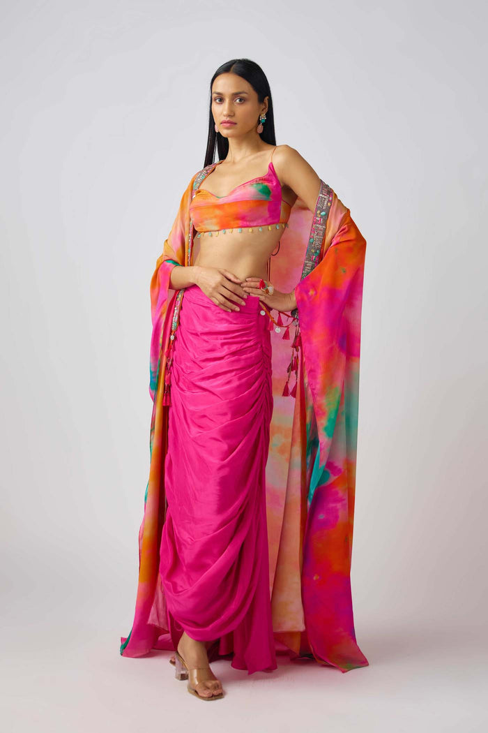 Multicolor Crepe Mirror Embroidered Cape Set