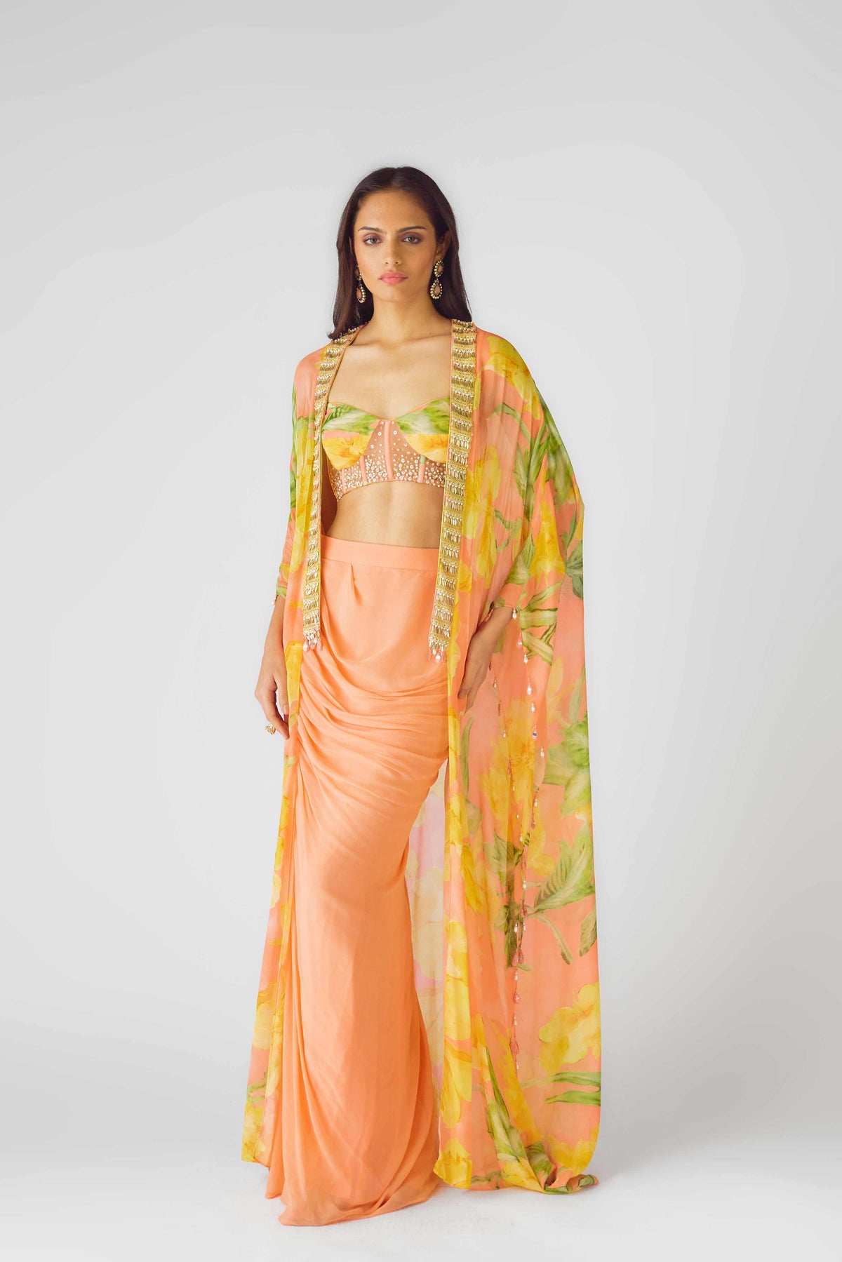 ORANGE FLORAL DRAPE SKIRT SET WITH CAPE & EMBELLISHED BLOUSE