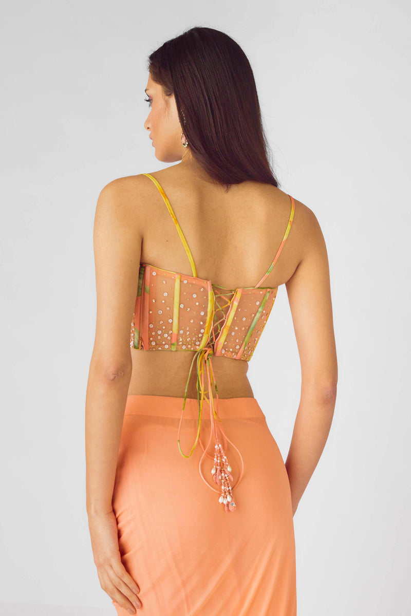 ORANGE FLORAL DRAPE SKIRT SET WITH CAPE & EMBELLISHED BLOUSE