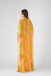 ORANGE FLORAL DRAPE SKIRT SET WITH CAPE & EMBELLISHED BLOUSE