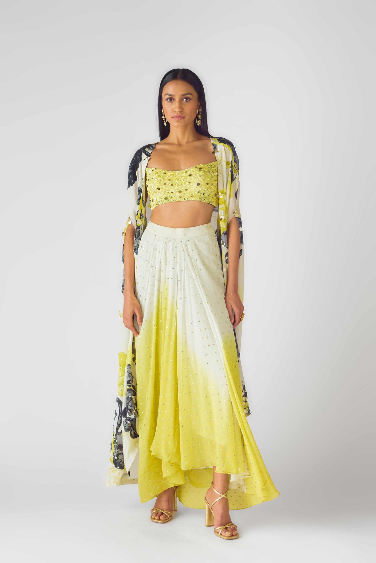 YELLOW FLORAL CAPE AND SKIRT SET FEATURING A MIRROR EMBELLISHED BLOUSE
