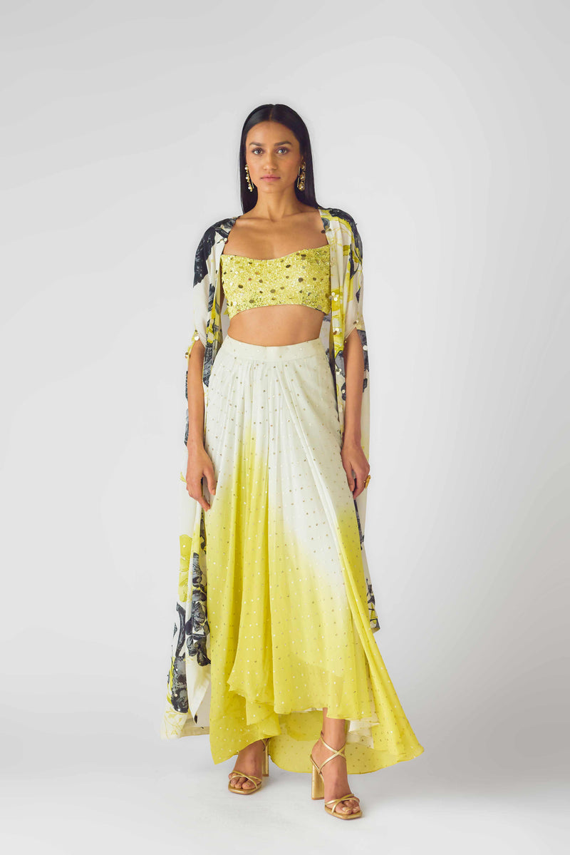 YELLOW FLORAL CAPE AND SKIRT SET FEATURING A MIRROR EMBELLISHED BLOUSE