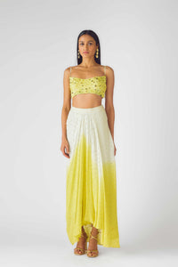YELLOW FLORAL CAPE AND SKIRT SET FEATURING A MIRROR EMBELLISHED BLOUSE