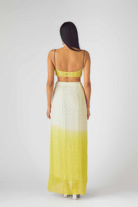 YELLOW FLORAL CAPE AND SKIRT SET FEATURING A MIRROR EMBELLISHED BLOUSE