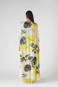 YELLOW FLORAL CAPE AND SKIRT SET FEATURING A MIRROR EMBELLISHED BLOUSE