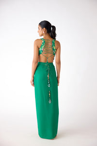 GREEN FLORAL EMBELLISHED CORSET CAPE AND SKIRT SET