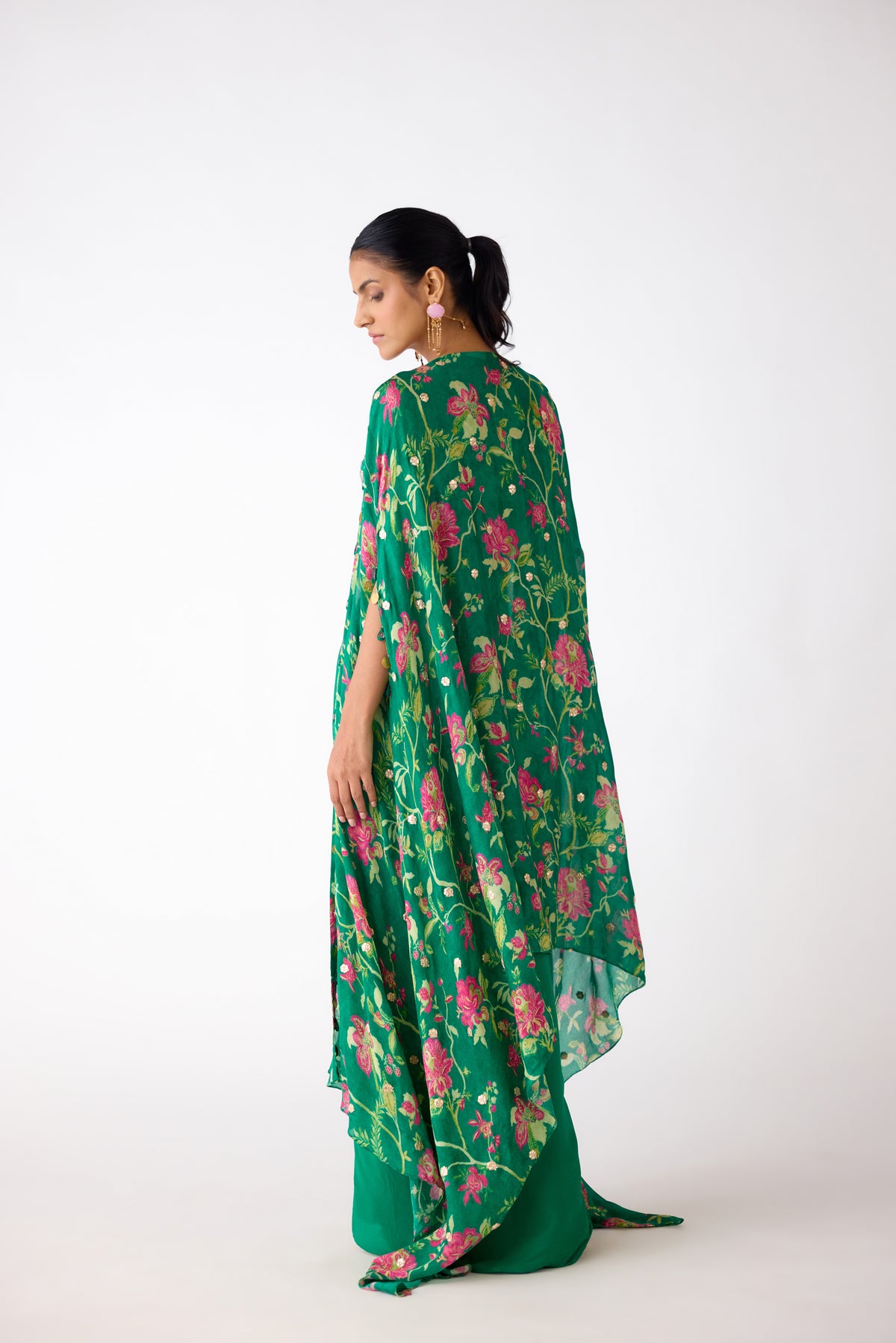 GREEN FLORAL EMBELLISHED CORSET CAPE AND SKIRT SET
