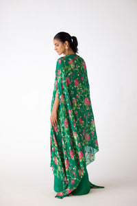 GREEN FLORAL EMBELLISHED CORSET CAPE AND SKIRT SET
