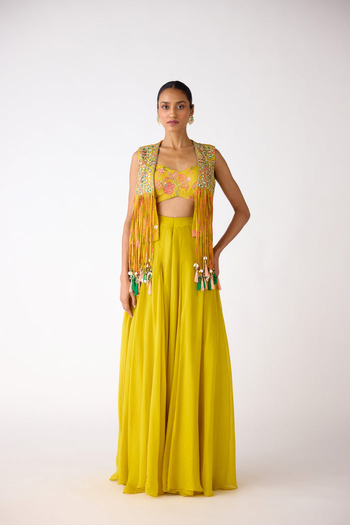 YELLOW EMBROIDERED JACKET SHARARA SET | Nishly Fashion House