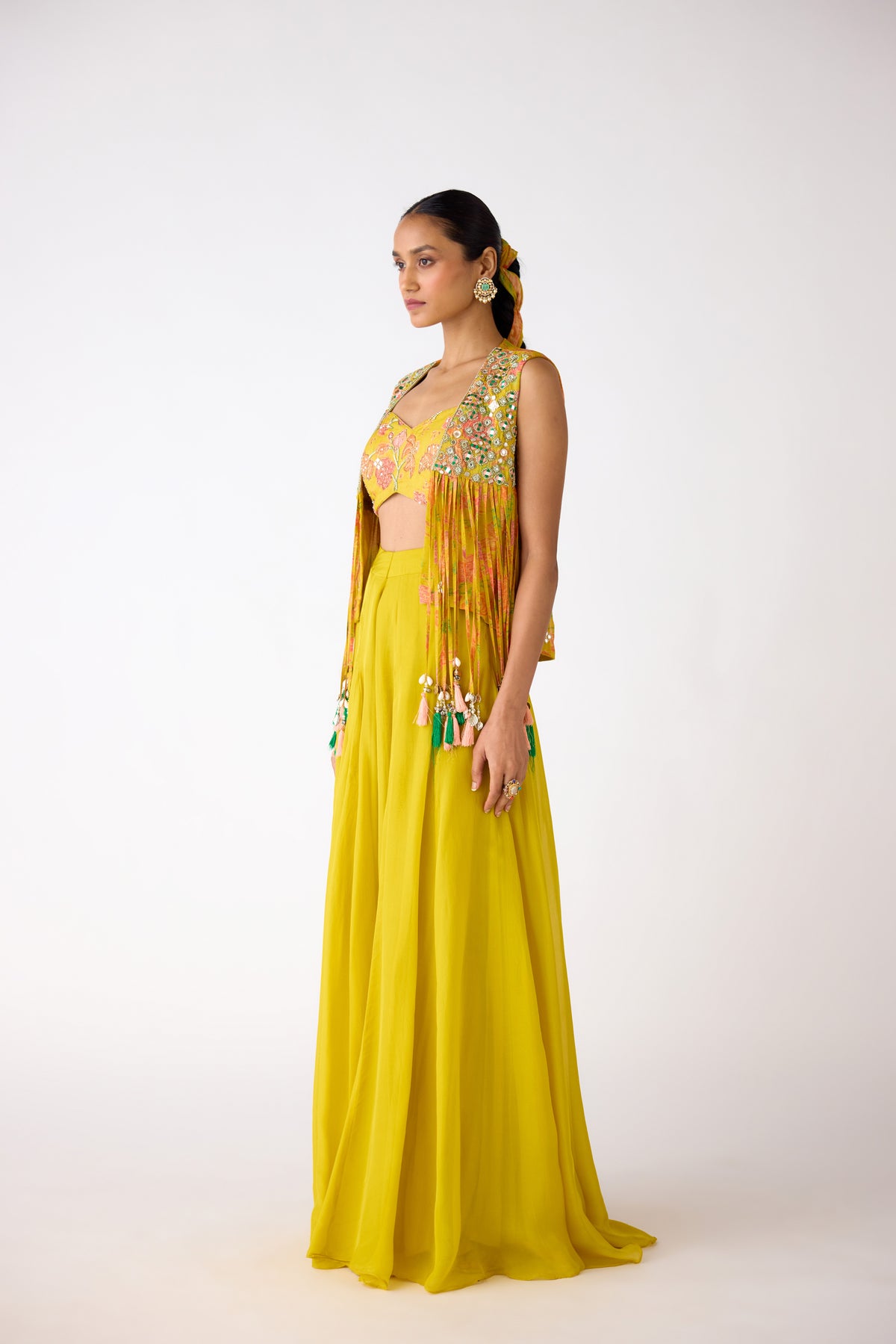YELLOW EMBROIDERED JACKET SHARARA SET | Nishly Fashion House
