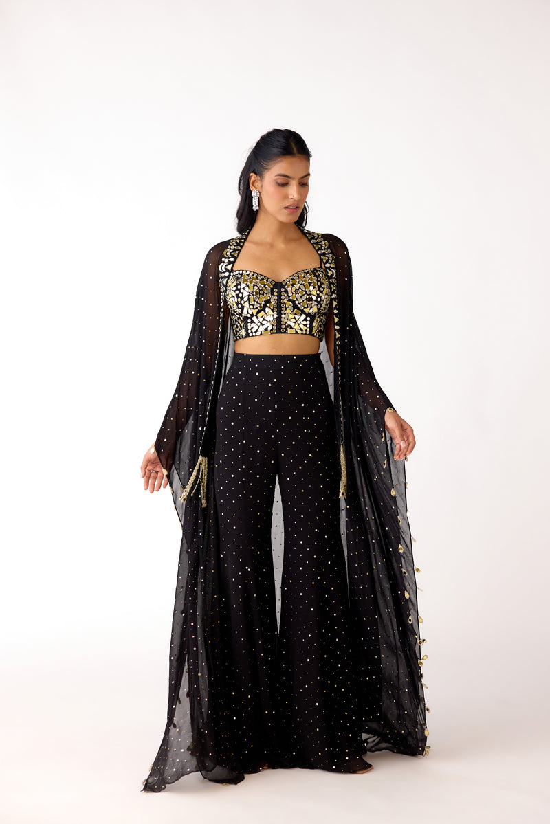 BLACK CORSET CAPE SHARARA SUIT SET