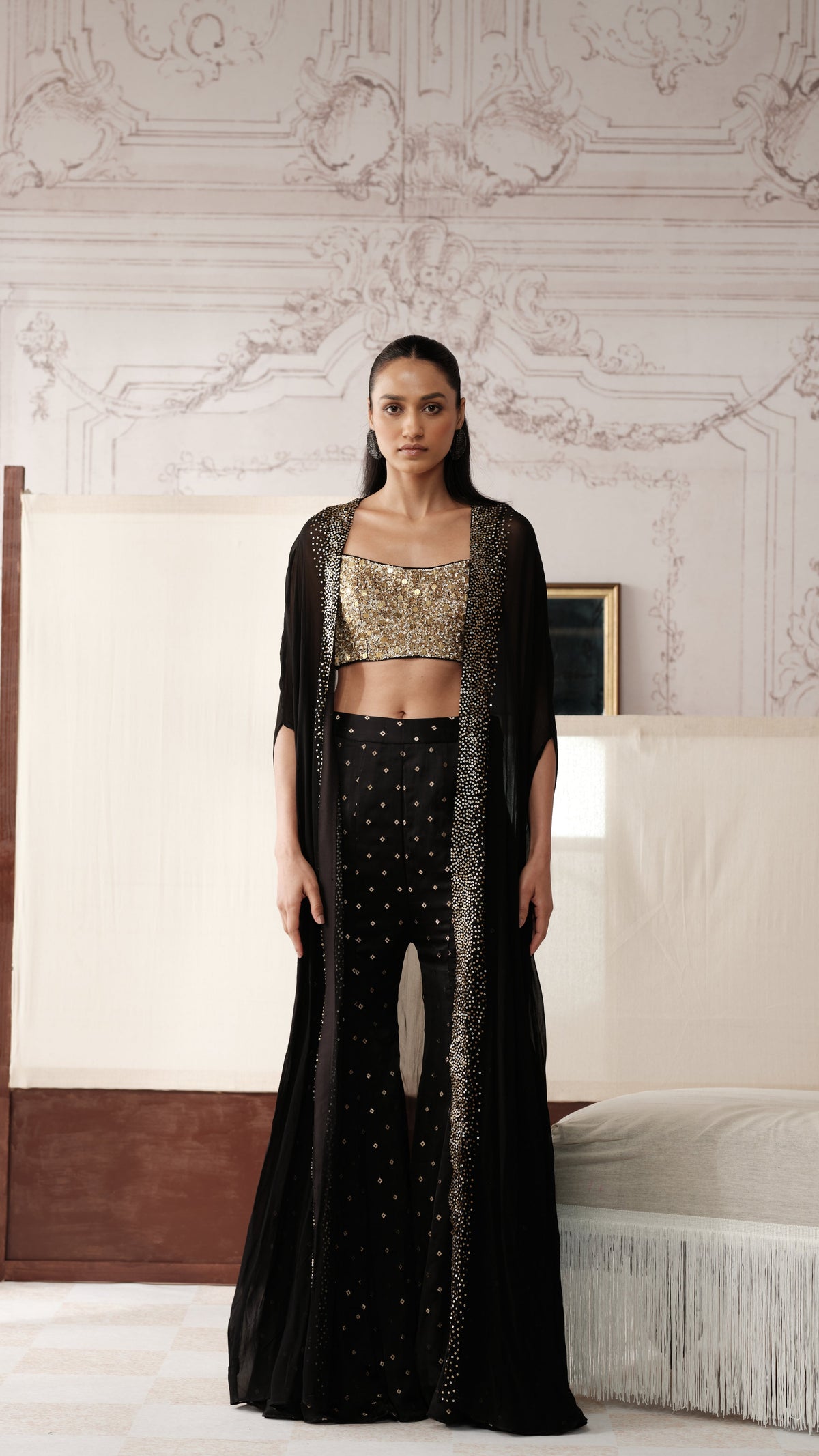 Black sequins embellished cape style sharara set with gold sequin crop top