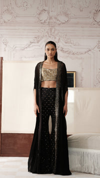 Black sequins embellished cape style sharara set with gold sequin crop top