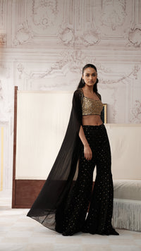A woman models a black embellished traditional outfit with a long sheer black dupatta, a gold sequined crop top, and black flared pants with gold dot patterns, standing in a classical Indian room with ornate walls and a bed.