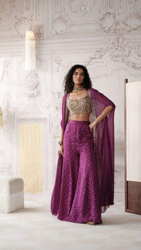 PURPLE SEQUINS EMBELLISHED CAPE STYLE SHARARA SET