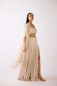 GOLD EMBROIDERED SLIT SKIRT & CAPE SET