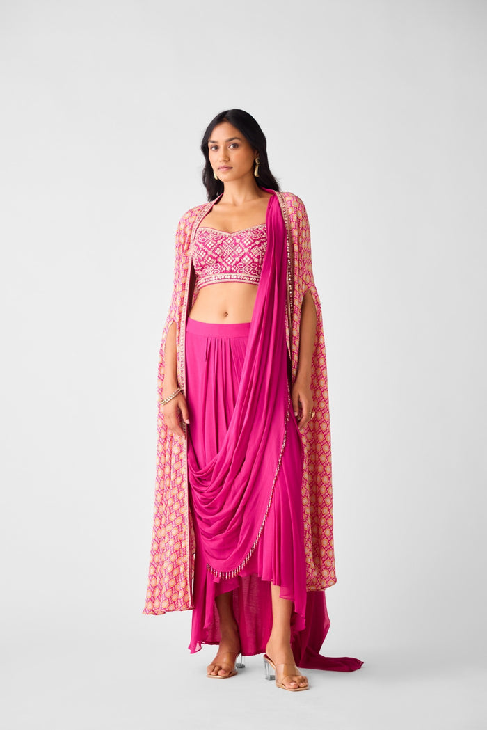 RANI GEORGETTE EMBROIDERED CAPE & DRAPE SKIRT SET