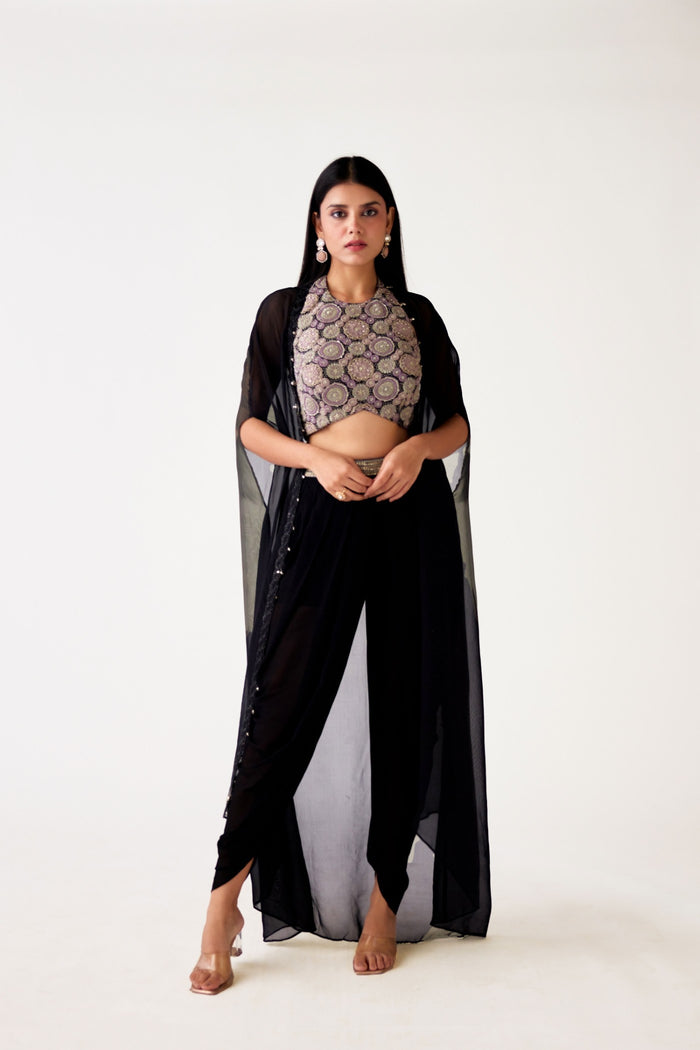 BLACK GEORGETTE EMBROIDERED CAPE SET