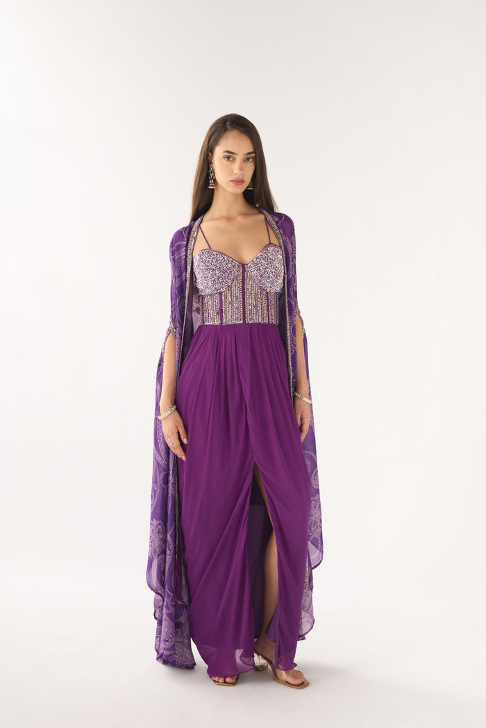 PURPLE GEORGETTE EMBROIDERED CAPE SET